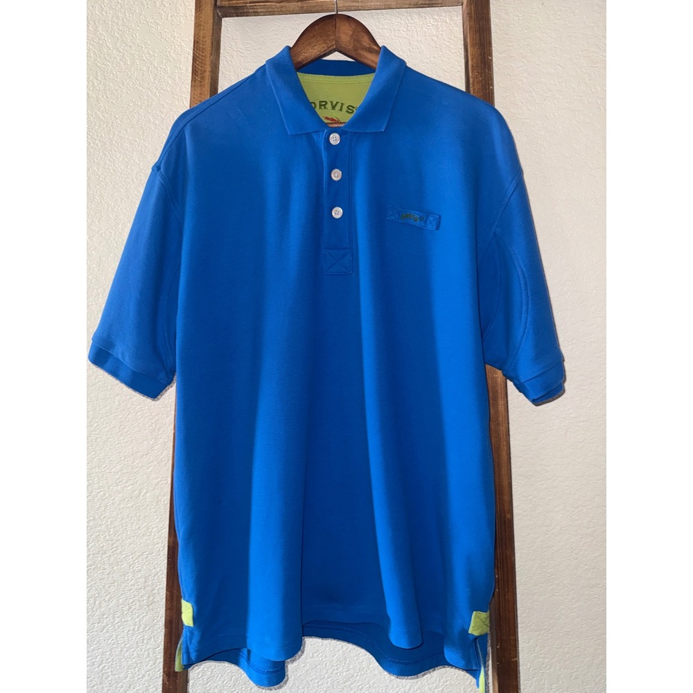 Orvis Mens Blue Pique Polo Shirt Short Sleeve Lime Green Accents L Resort